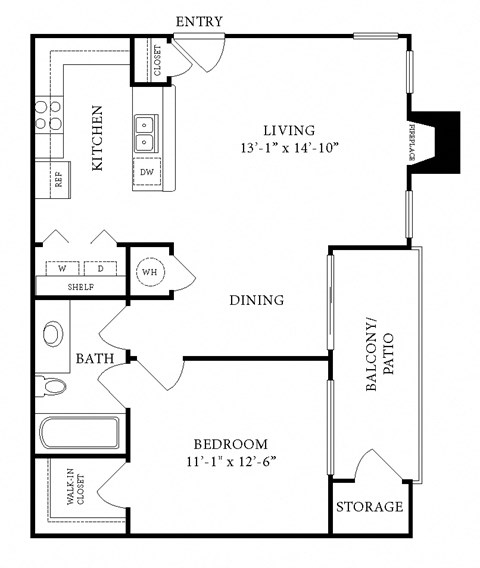 Floor plan for 1 bed, 1 bath, 676 sqft